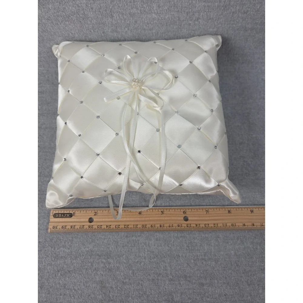 Ivory Satin Crystal Beaded Gems Wedding Ring Bearer Pillow Faux Pearl Accent